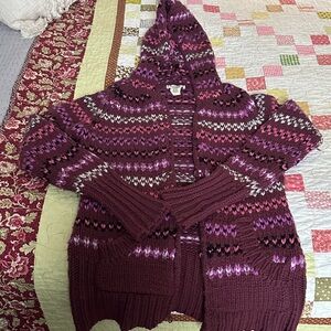 Women's Hooded Knit Sweater - Purple and Pink
